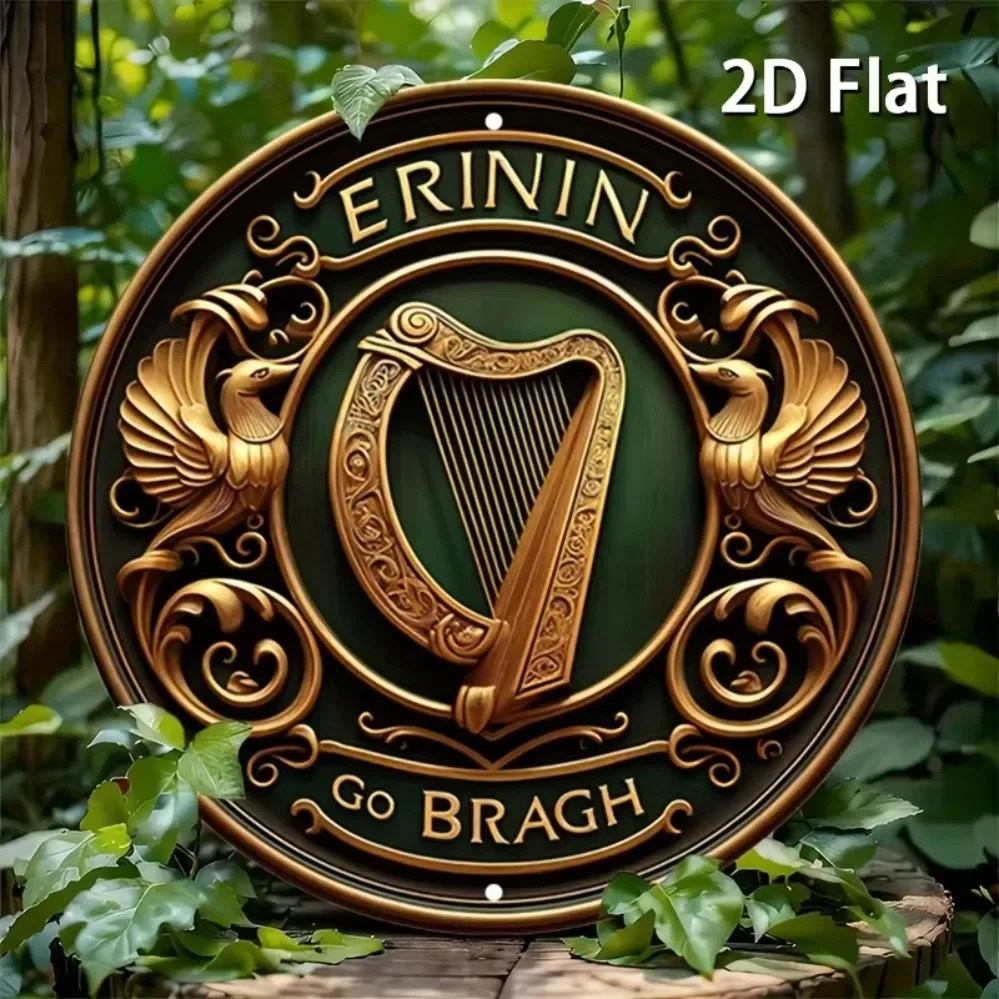 Erinnin Go Bragh! Rustic Irish Harp & Shield Wall Decor - Ideal for Home or Garage, Durable Build, Green Backdrop