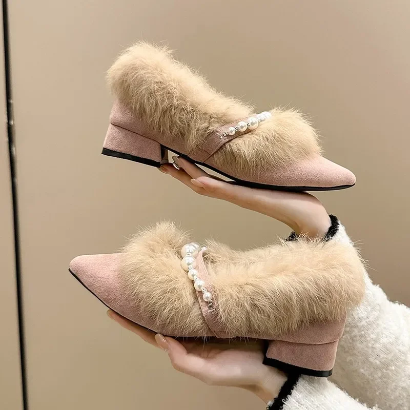 Pointed Toe Fur Beaded Women Shoes Suede Fashion Elegant Chunky Loafers Shoes Woman 2025 Winter Crystal Pumps Dress Snow Botas