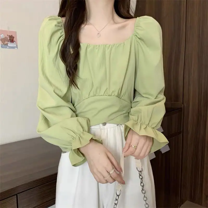 French Style Collarbone Square Neck Bubble Sleeve Shirt for Women\'s Spring New Long Sleeves Unique Short Strap Chiffon Chic Top