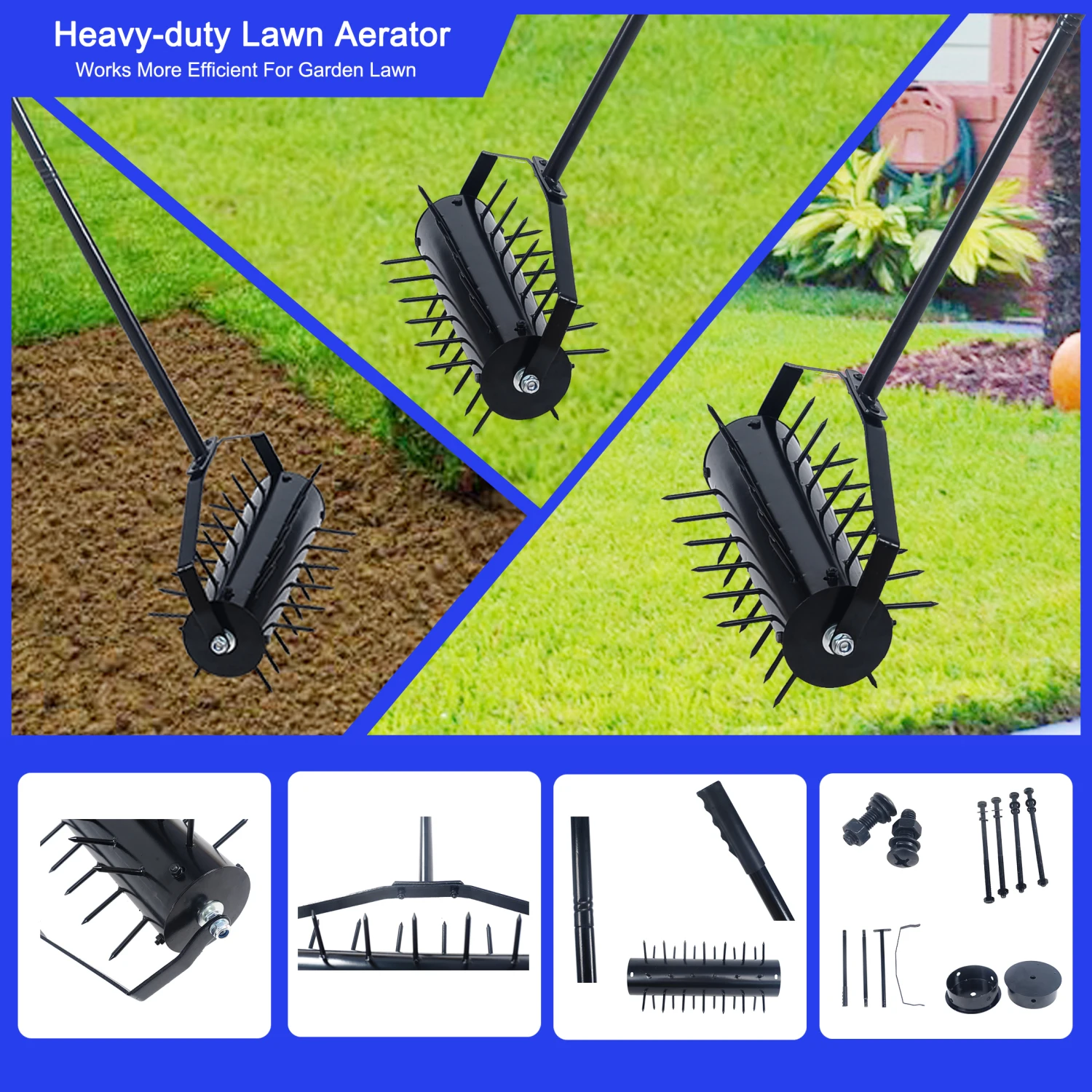 Rolling manual lawn aerator, Home aerator lawn tool pusher, 58-inch handle push lawn aerator for lawns, yards and gardens