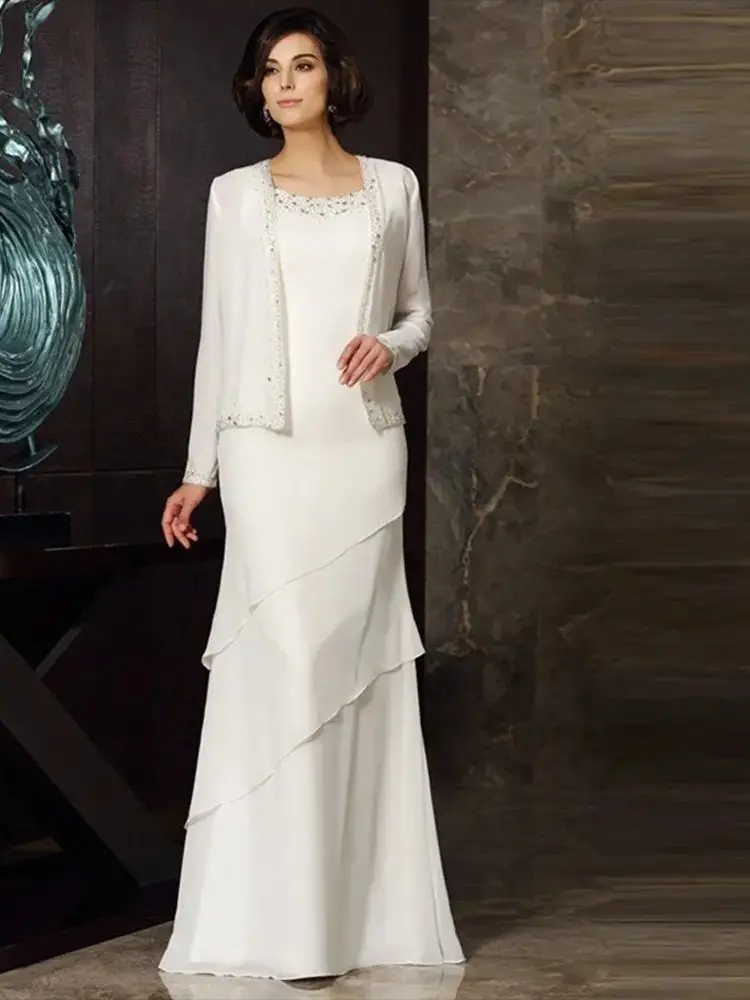 Elegante ultimo avorio due pezzi Chiffon madre della sposa abiti con cappotto gioiello collo in rilievo abiti da festa di nozze gonna di livello