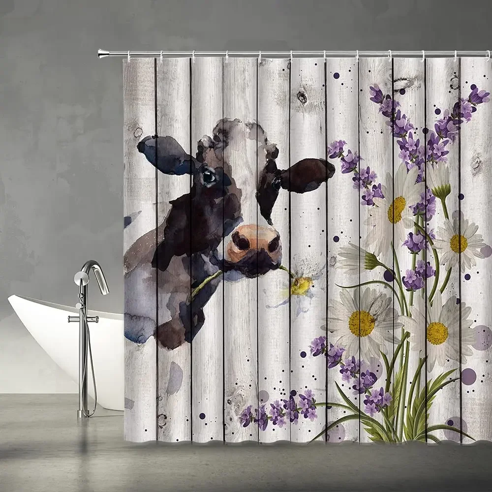 Highland Cow Shower Curtains Rustic Farmhouse Barn Western Country Farm Animal Rural House Gray Fabric Bathroom Decor with Hooks