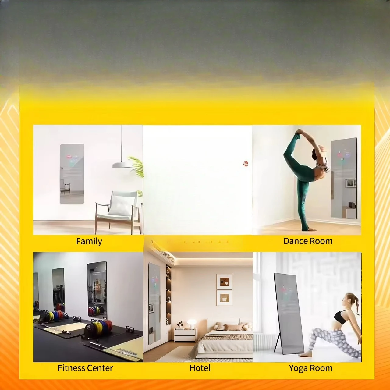 Interactive touchscreen 4K fitness mirror, voice-activated, floor/wall mountable 21.5/32/43 inches