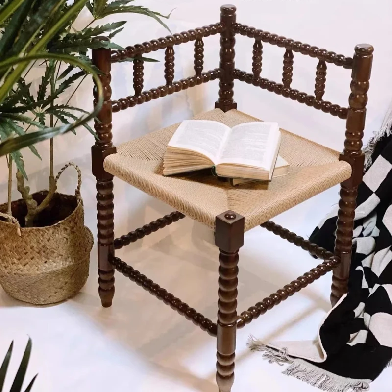 、Design medieval solid wood old log Roman column hand-woven dining chair dressing chair
