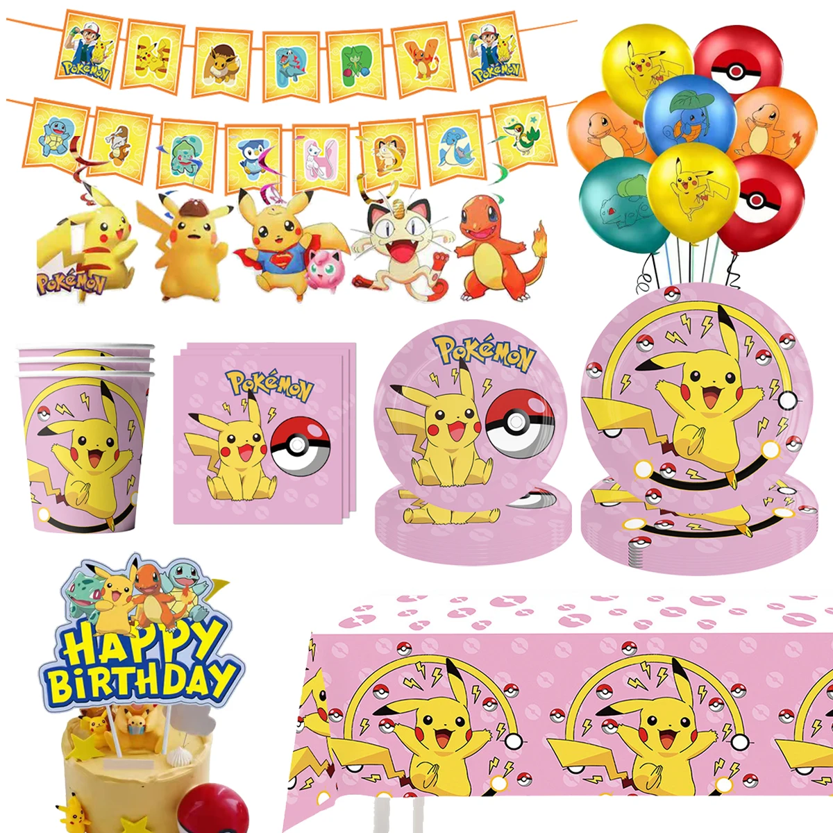 

Pink Pokemon Pikachu Birthday Party Decoration Disposable Tableware Set Paper Plate Tablecloth Balloon Keychain Party Favor Gift