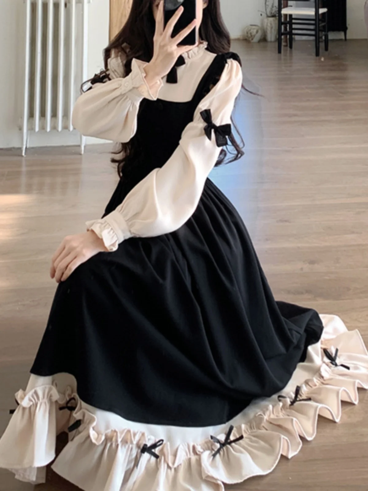 فستان لوليتا خفيف الوزن للربيع والخريف مقاس كبير على الطراز الياباني مكون من قطعتين مع حواف من الدانتيل وأشرطة كتف #2