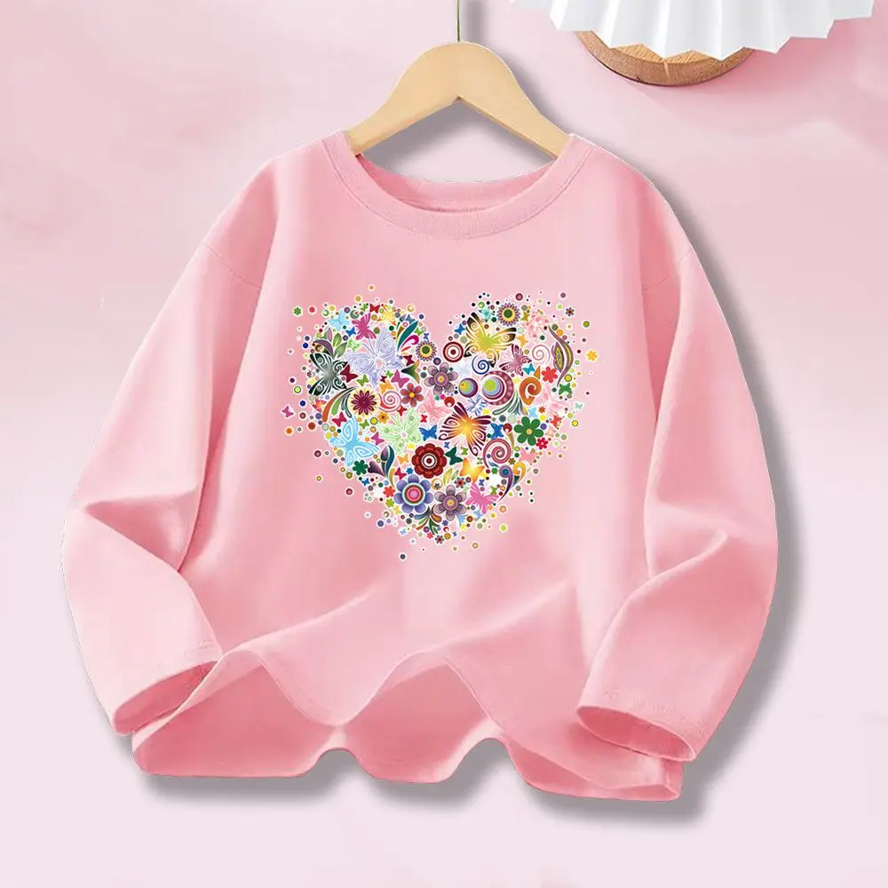 Colorful Floral Heart Pink T-shirt for Girls - Children's Soft Cotton Long Sleeve Top Tee Fashion Daily Wear