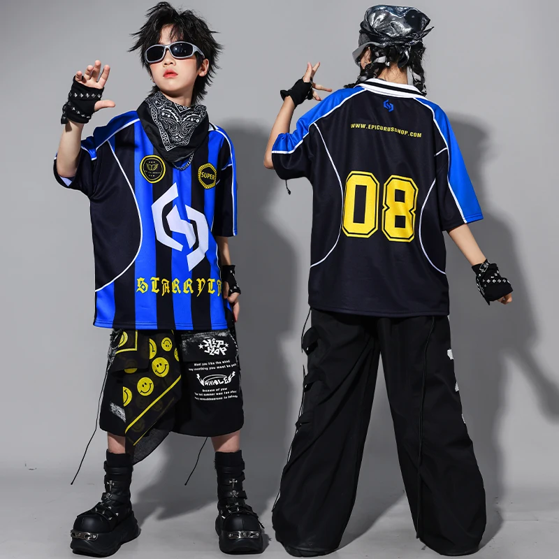 Meninos hip hop outfits azul contraste camiseta calças de carga meninas dança de rua jazz traje crianças roupas k-pop streetwear
