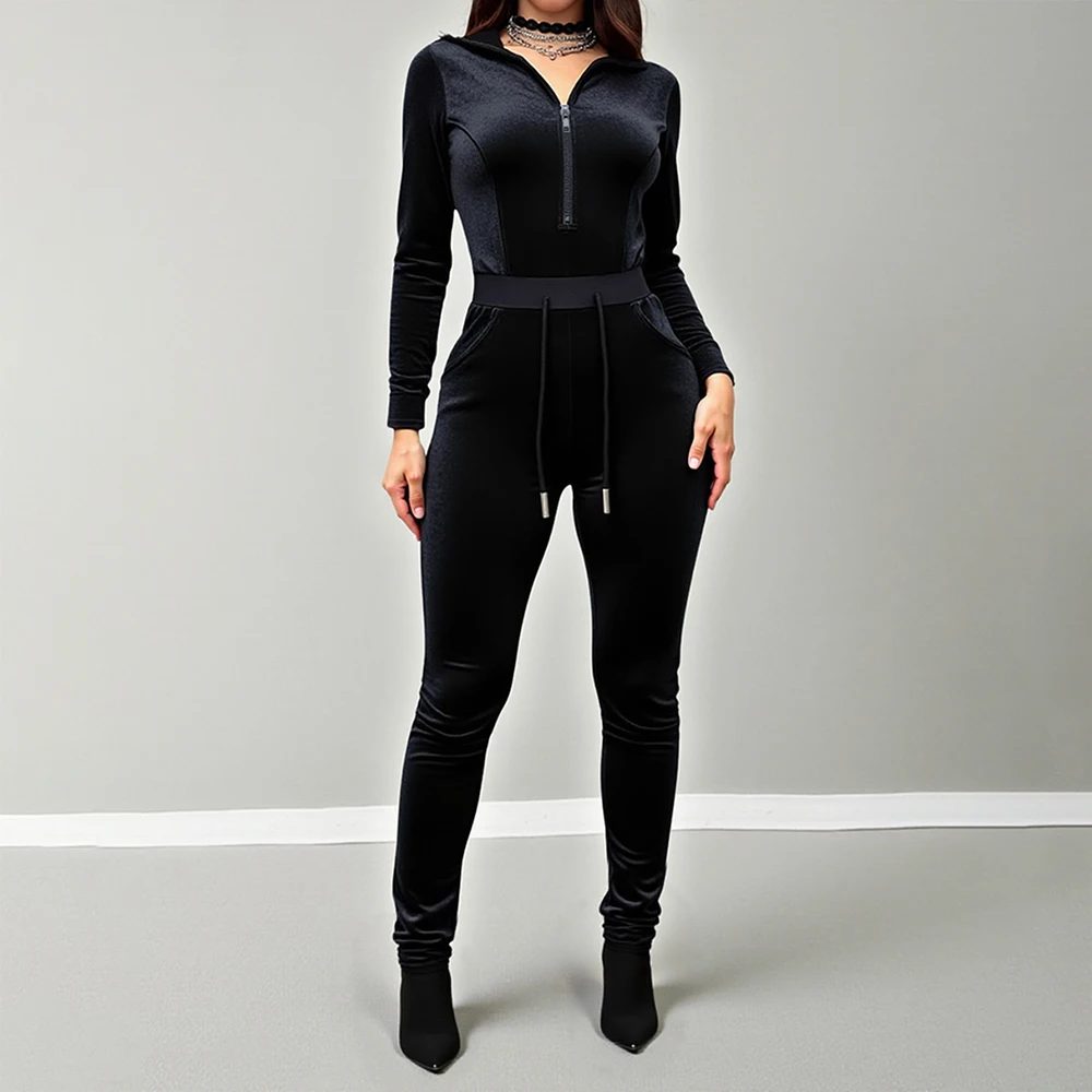 

MiaMuse, женские летние модные комбинезоны 2022, с длинным рукавом и v-образным вырезом, длинная длина, с высокой талией, однотонные повседневные узкие комбинезоны на молнии