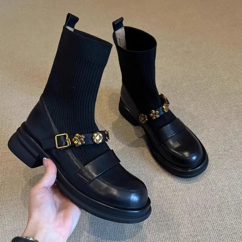 Stiefel Frauen Neue 2024 Weibliche Schuhe Runde Kappe Lolita Knöchel Damen Strümpfe Med Loafers Dame Stiefel frauen Niedrigen Schuhe stiefel-Frauen R