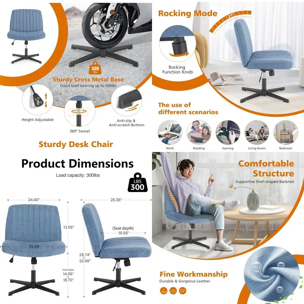 

Adjustable Swivel Office Chair without Wheels, Wide-Legged, Comfortable Fabric Seat for Home and Small Spaces (Blue)