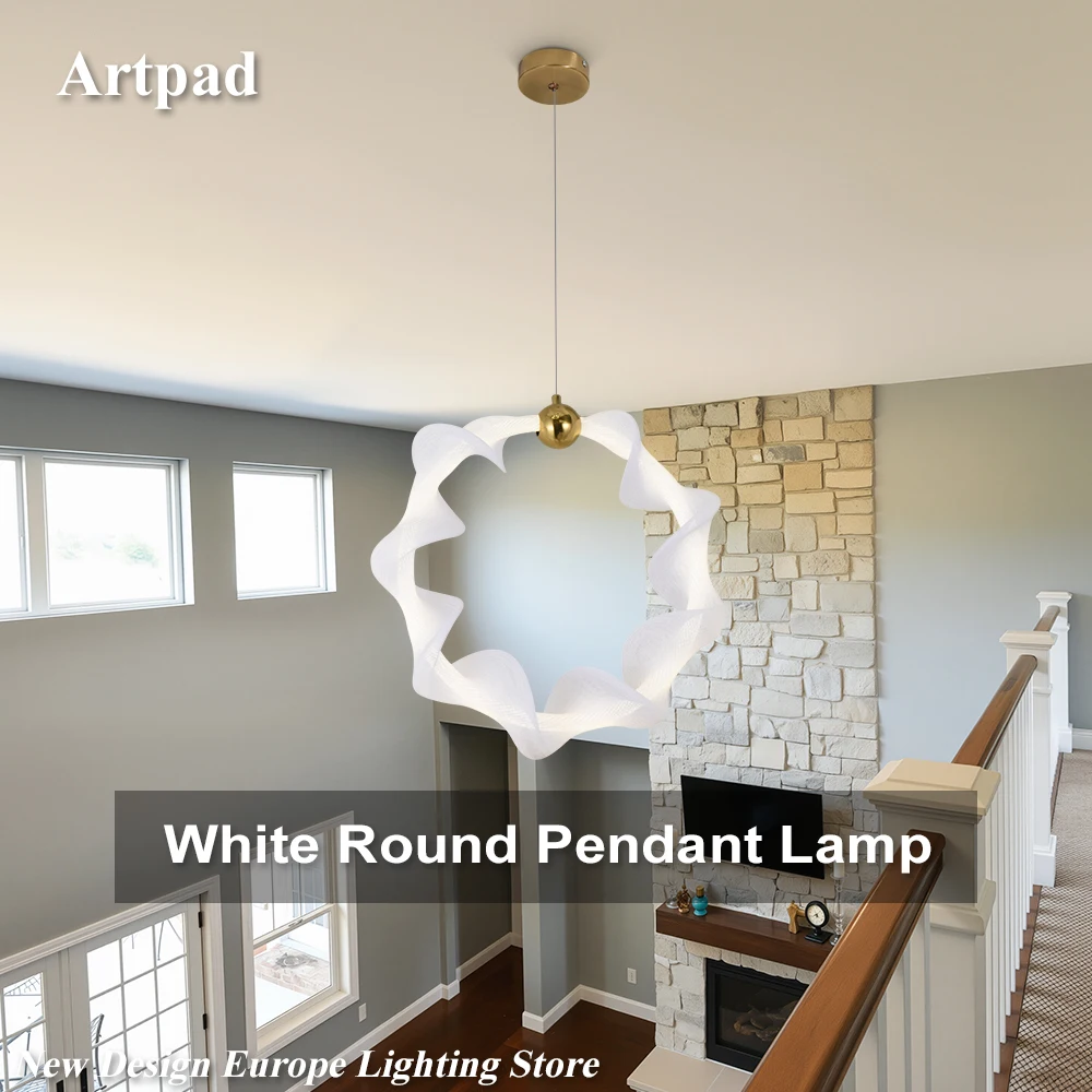 White Round Pendant Lamp For Living Dining Room Kitchen Table Island Modern Long LED Hanging Chandelier With Acrylic Shade