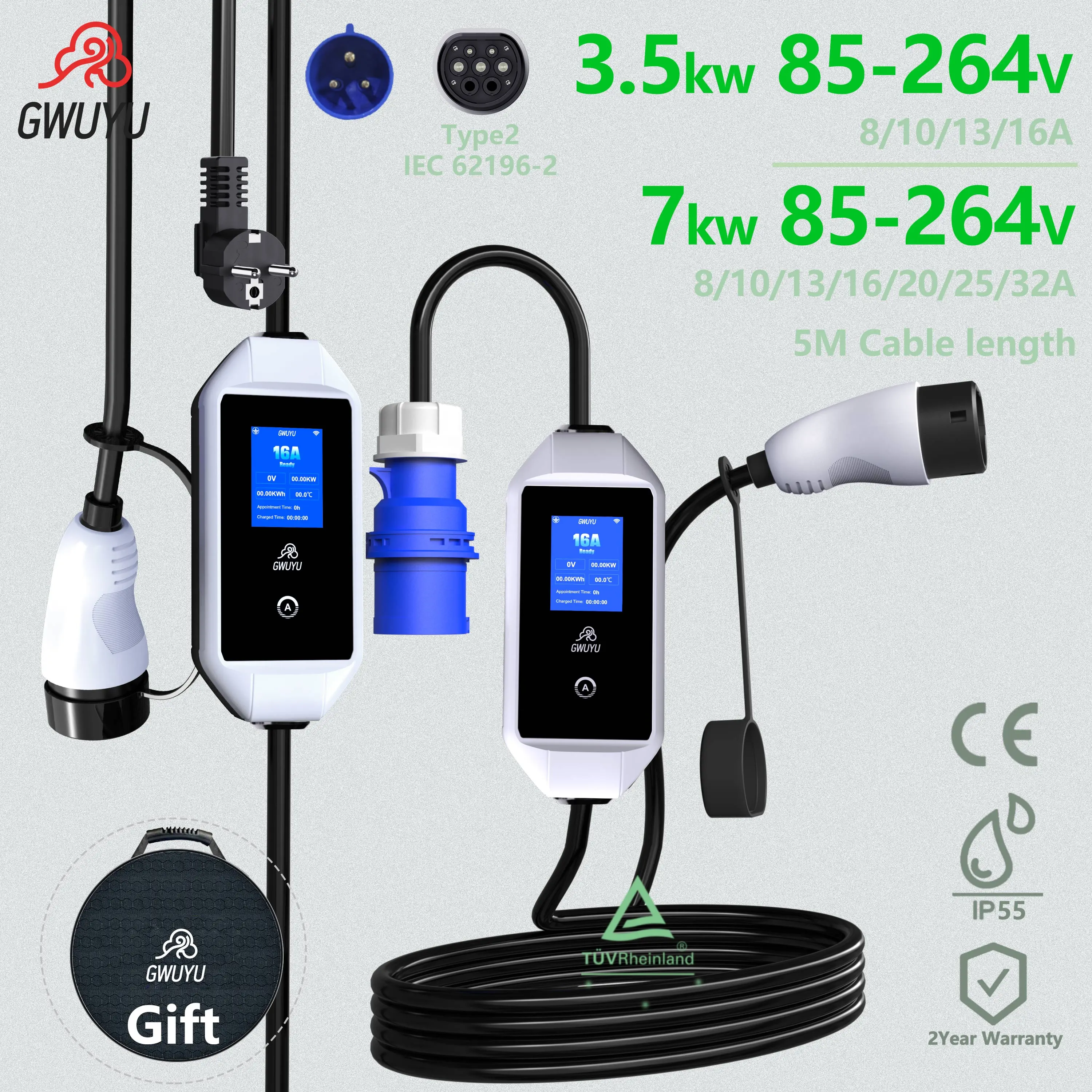 

GWUYU Portable EV Charger 3.5KW/7KW Type 2 EU Standard 2.8 Inch Screen Electric Vehicle Fast Charging Cable For EV Cars