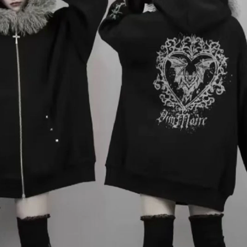 Japan Dark Gothic Fur Patchwork Hooded Coat Y2k Aesthetic Women Print Oversized Hoodies Csual Grunge Double Zippers Sweatshirts