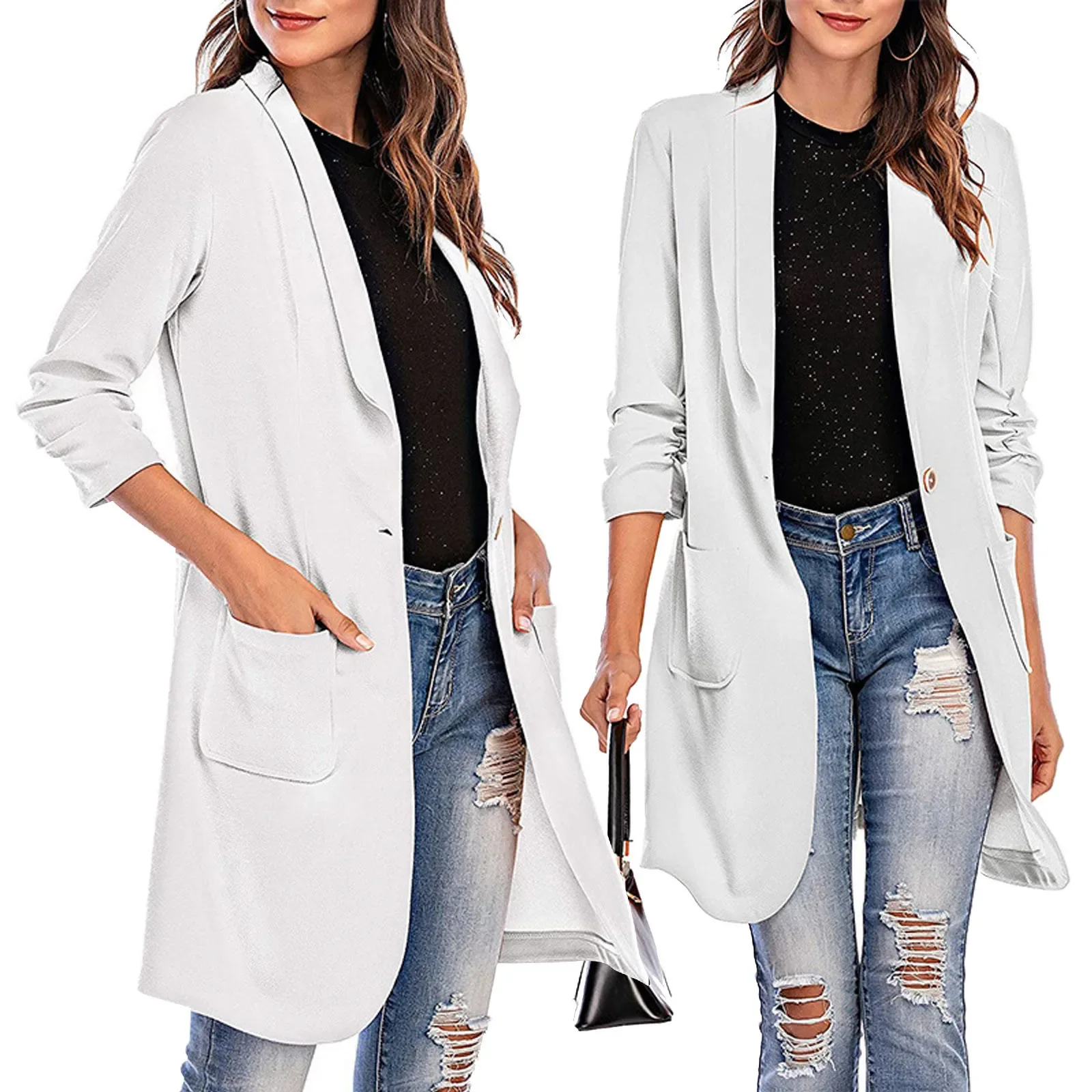 

Autumn Winter Women's Jacket Suit Chic and Elegant Jackets Women's Long Blazers White Solid Color Long Sleeve Woman Coats