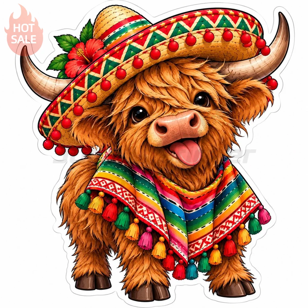 Cinco De Mayo Highland Cow Funny Sombrero Poncho Mexican Vinyl Sticker Creative Waterproof For Car Body Decal Vehicle Decor