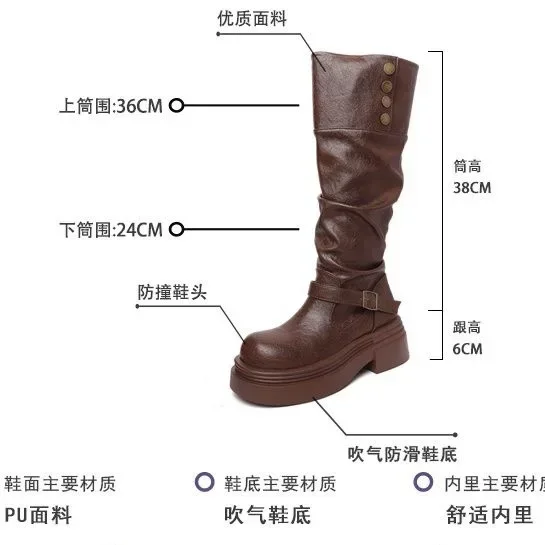 2026 Neue Damen-Plateau-Motorradstiefel mit Schnallenriemen und dicker Sohle – Schwarze PU-Leder Western Knight Botas Mujer – Detail 8