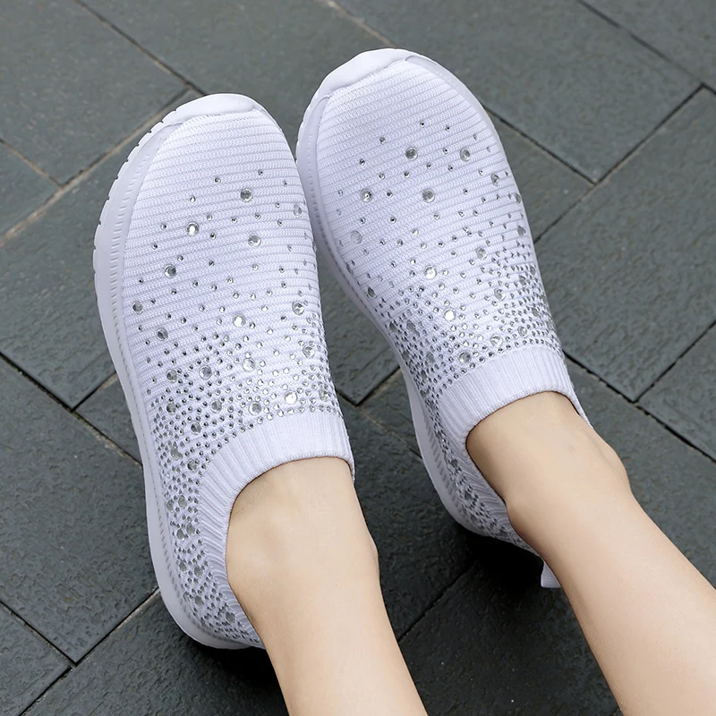 Women 2032 Summer Casual Rhinestone Shoes Ladies Vulcanized Shoes Bling Flat Loafers Slip On Sneaker Female Tenis Feminino