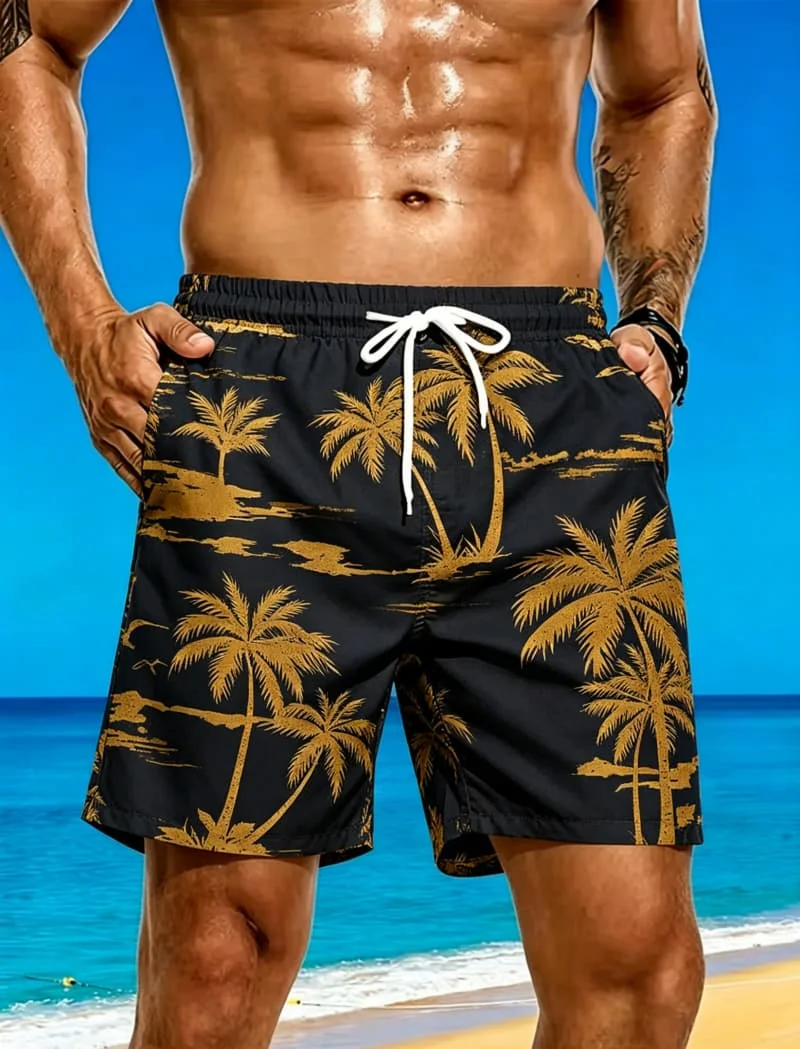 Men's tropical palm tree printed beach pants, quick drying casual shorts, breathable and fashionable, for all summer occasions