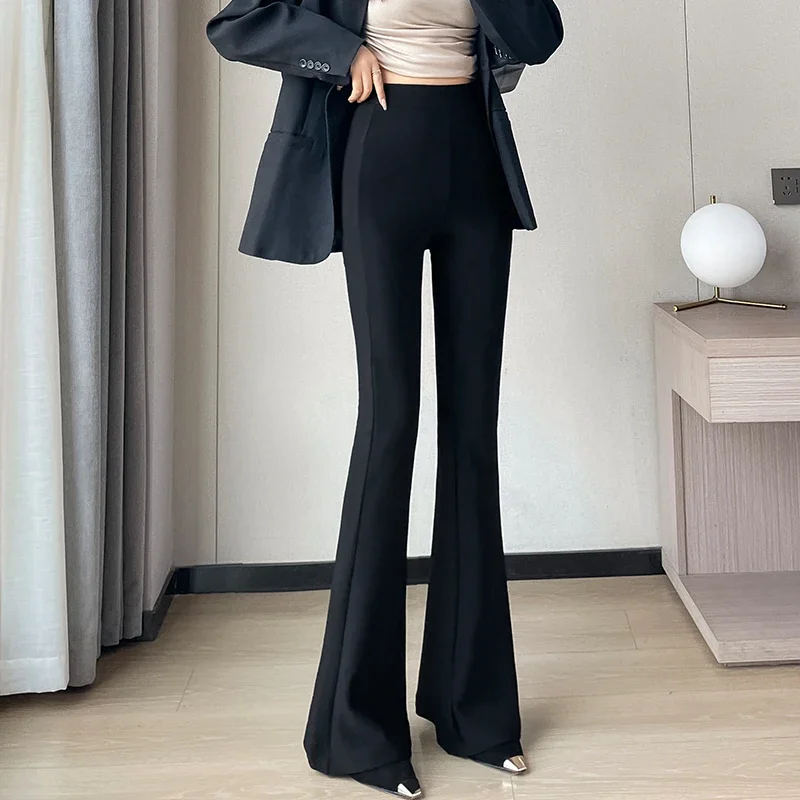 

Chic Fashion Ladies Wear Fit Bell-bottoms Cropped Pants Women OL High Waist Elastic Trousers Female Streetwear Clothes Vy8912