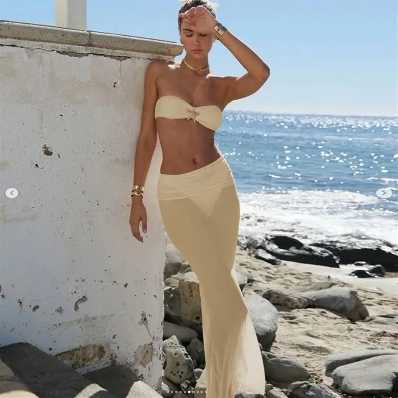 Women's Three-piece Island Vacation Set Strapless Bow Bikini Set Sheer Mesh Mermaid Long Cover-up Skirt Sexy Beach Swimsuit 2026