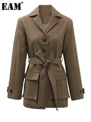 [EAM] Women Khaki Single Breasted Belted Pocket Elegant Blazer New Lapel Long Sleeve Jacket Fashion Spring Autumn 2024 CPDB212