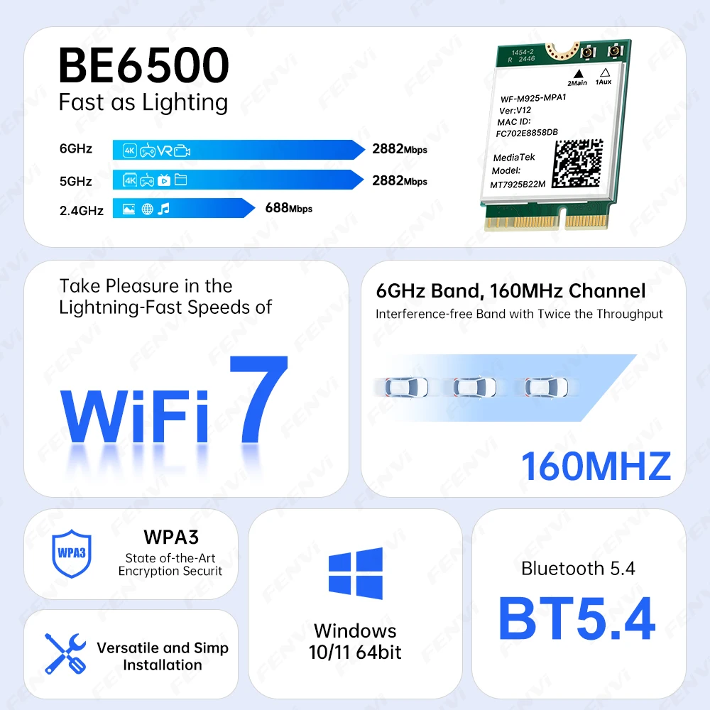 WiFi 7 MT7925 BE6500 Network Card Tri Band 2.4G/5G/6GHz Bluetooth 5.4 802.11BE M.2 NGFF Wireless Adapter For AMD PC Win 10/11