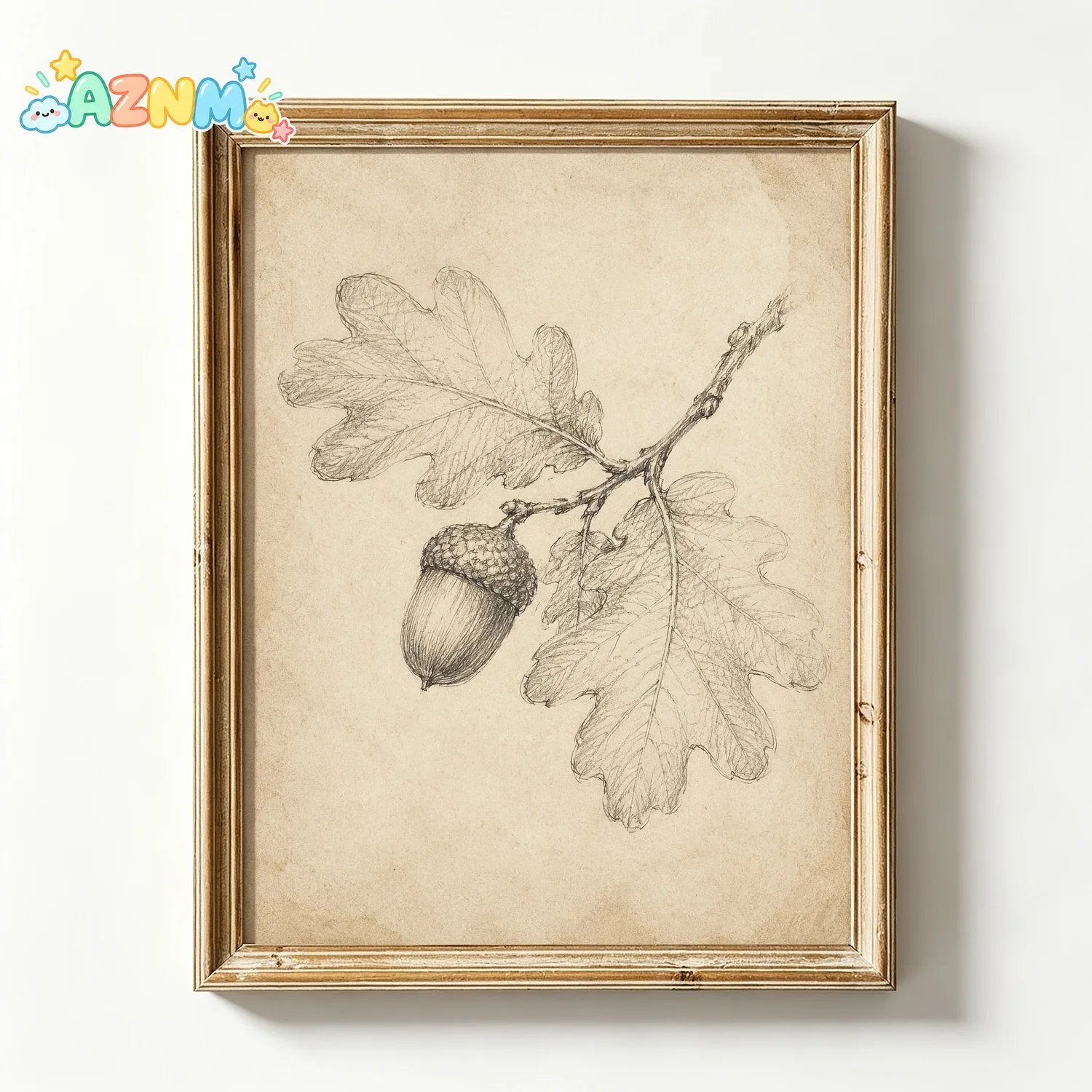 2D Flat, Posters & Prints Vintage Oak Leaf Acorn Sketch Canvas Wall Art Vintage Aged Beige Parchment Botanical Pencil Drawing