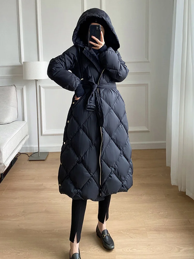 

Winter Quality New 2023 Warm Puffer Top Jacket Women 90%White Duck Down Coat Female Hooded Long Thick Outwear With Belt