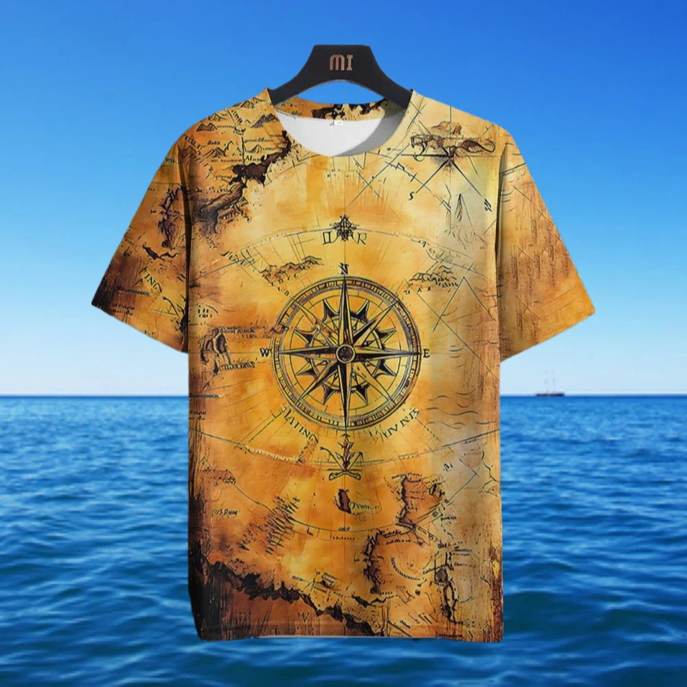 

Simple Large Size Men's T-Shirt Summer American Shirt Compass Printed Short Sleeve T-Shirt Loose Daily Casual Street Clothing