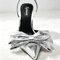 Luxury Silver High Heeled Sandals Women Sexy Pointed Toe Back Strap Thin Heels for Women Elegant Bow Design Banquet Dress Shoes - Image 5