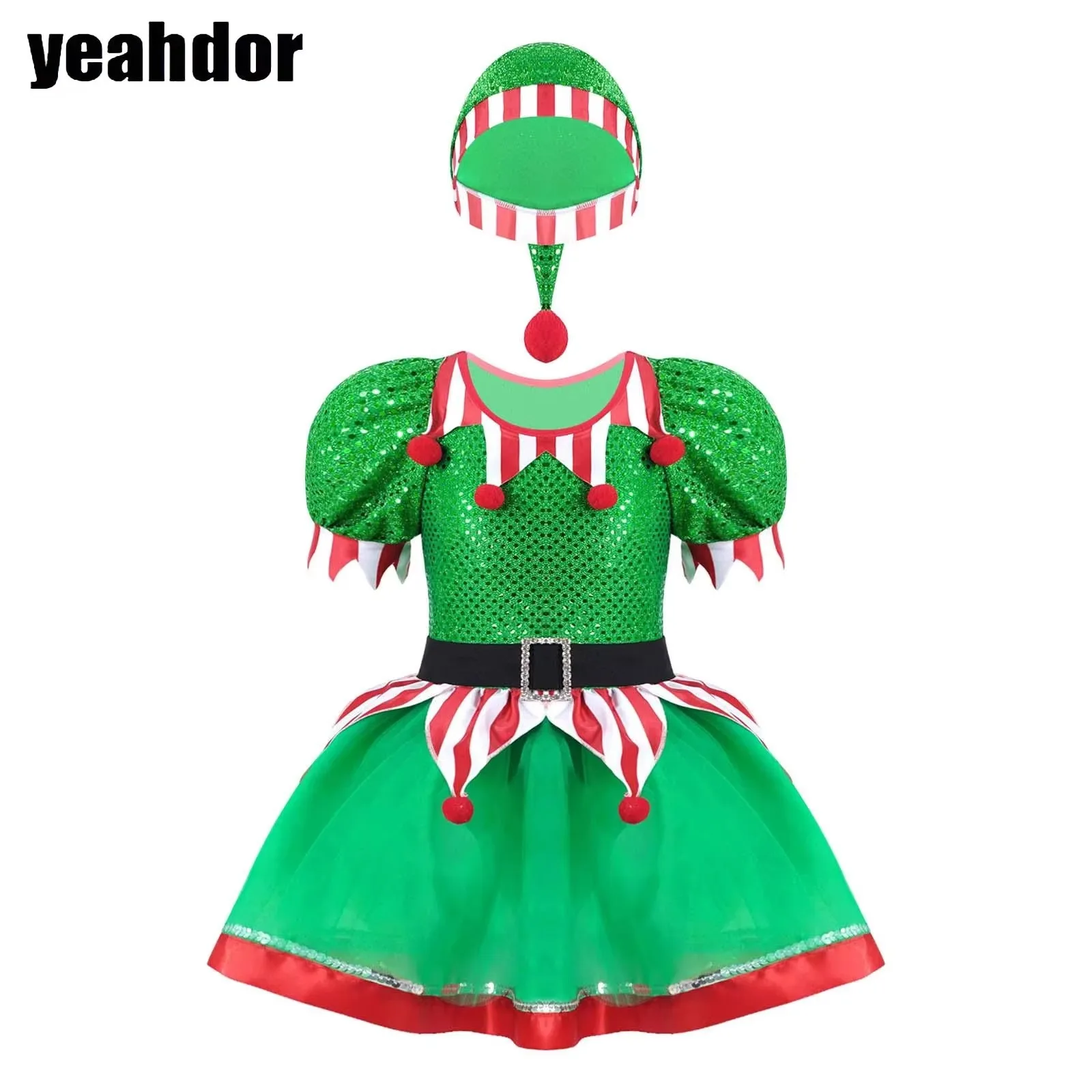 

Girls Christmas Elf Cosplay Costume Sequin Pompoms Mesh Tutu Dress with Hat Set Santa Claus Skating Ballet Dance Dress Dancewear