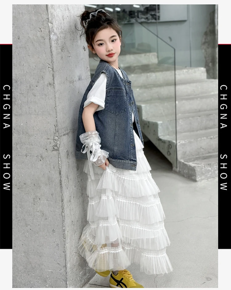 Elegante Kinder-Freizeit-Jeansweste mit Rundhalsausschnitt für Teenager-Mädchen im Alter von 5 6 7 8 9 10 11 12 13 14 Jahren, ärmellose Jacke, Weste. – Detail 10
