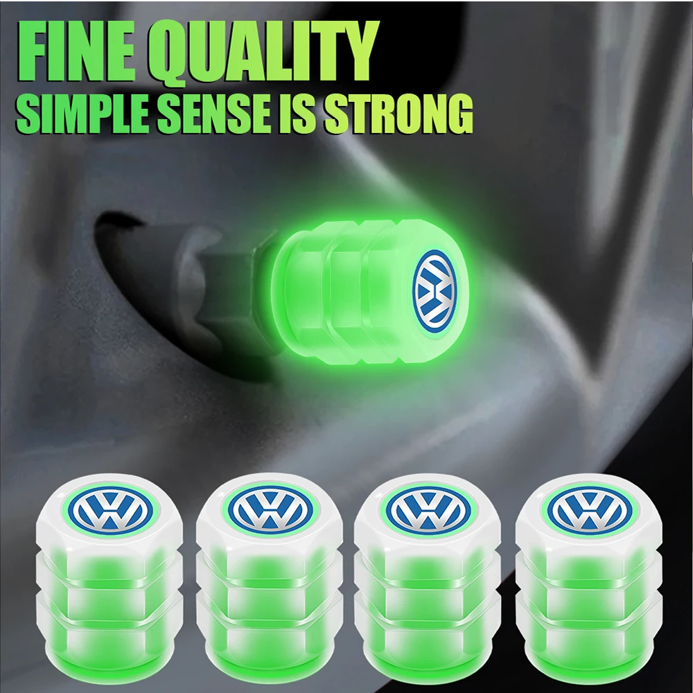 4Pcs Fluorescent Car Wheel Valve Caps For Volkswagen Golf Polo Tiguan Passat B6 Jetta Touran CADDY GTI Touareg TDI Blue Motion