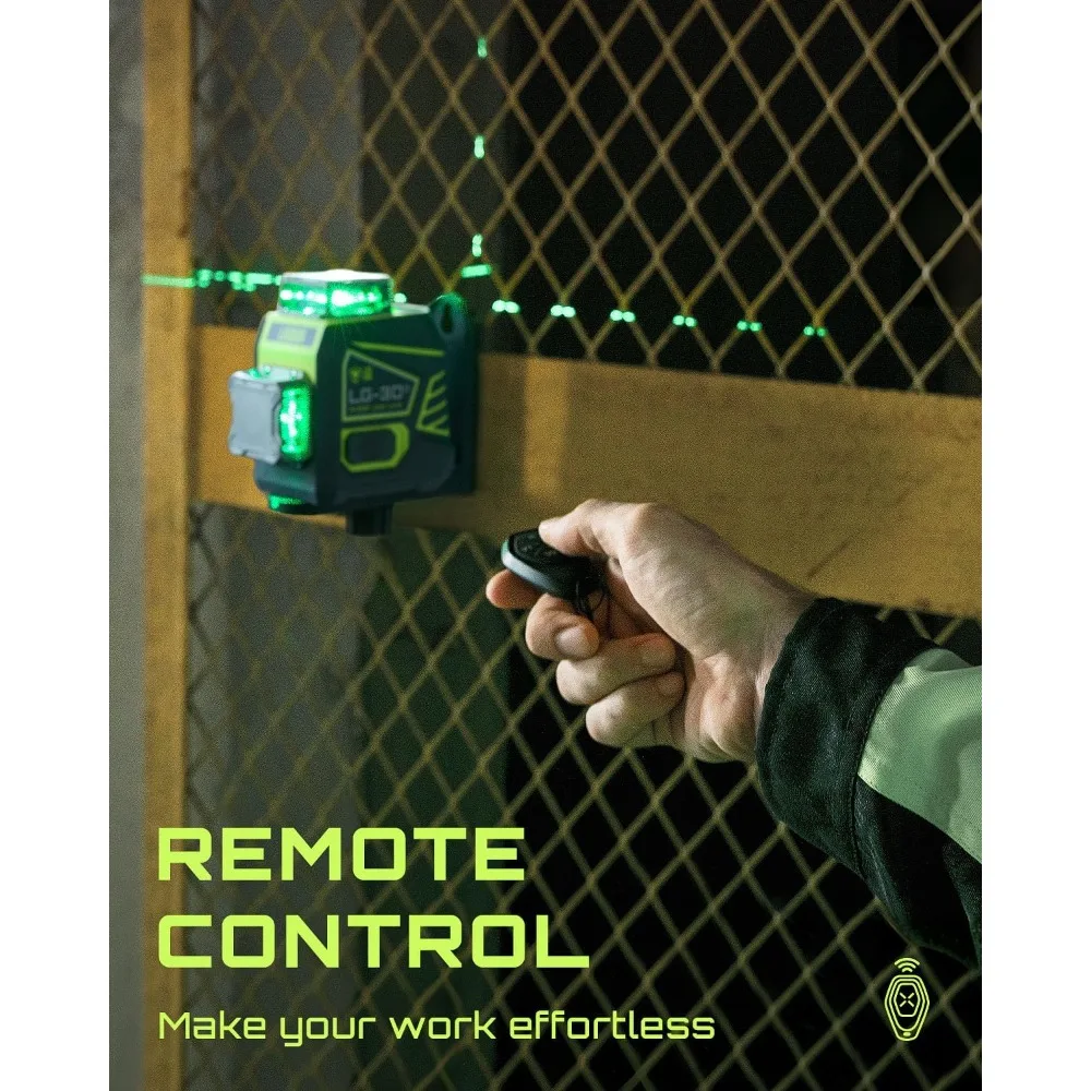 

3D Green Cross Line Laser for Construction and Picture Hanging, Rechargeable Battery, Remote Control