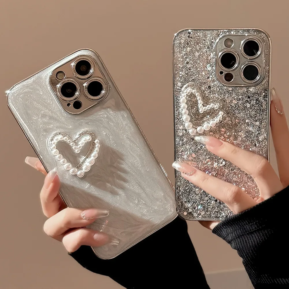 Silver Glitter 3D Pearl Love Phone Case Luxury Diamond Resistant Shockproof Cover for Iphone16promax 16pro 15pro 14 13 12 11