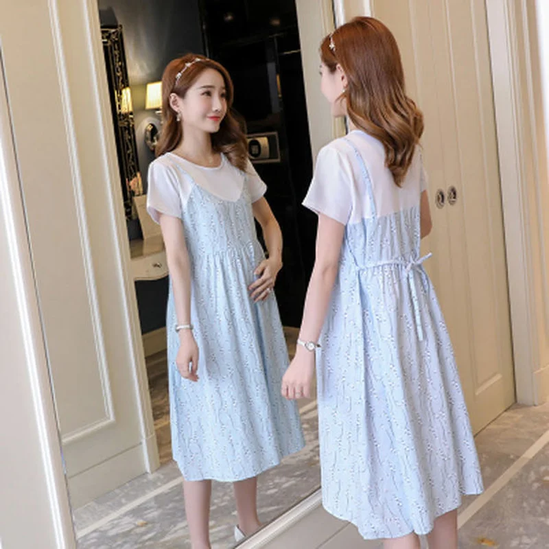 New Maternity Dress Summer Short-Sleeved Mid-Length False Two-Piece Korean Version Of The Female T-Shirt Summer Maternity Skirt