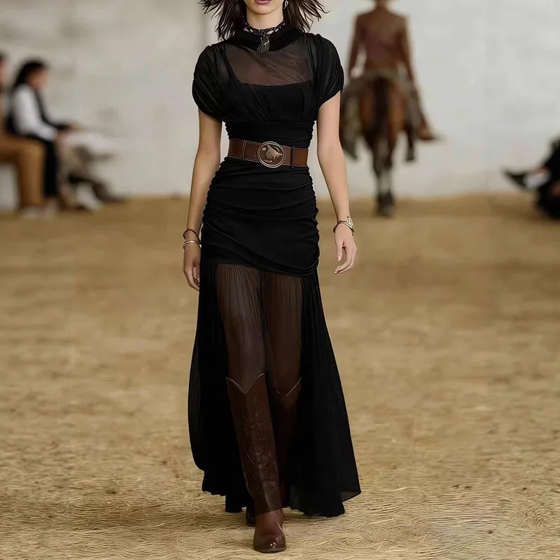 New Spring O Neck Splicing Mesh Long Dress Woman Sexy Hollow Slim Pleated Dress Boho Style Long Sleeve Solid Elegant Party Dress