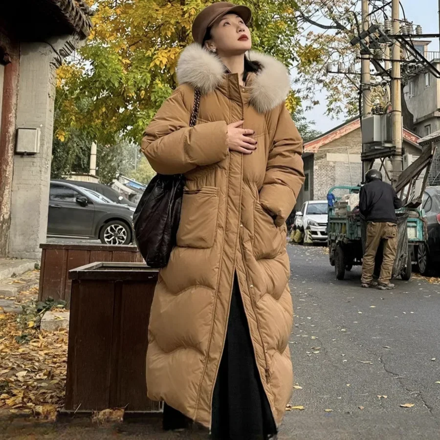 Nieuwe Winter Lange Donsjack Vrouwen Losse Slanke Witte Eendendons Verdikte Warme Jas Met Capuchon Grote Vos Bontkraag Puffer Jas