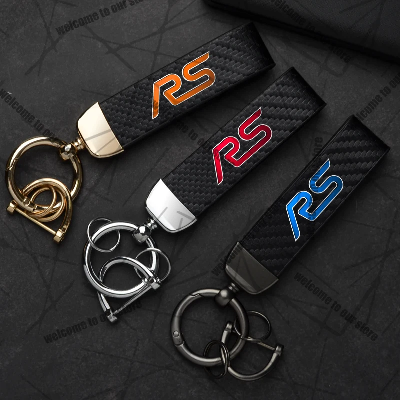 LLavero de coche con logotipo RS, emblema de aleación de Zinc y cuero de fibra de carbono para Ford Focus Fiesta ST Edge Mondeo Puma Kuga, accesorios para llavero