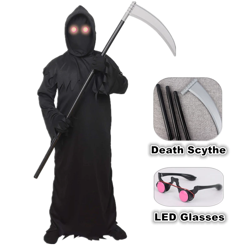 Disfraz de Halloween del Grim Reaper, Sombrero Negro, Túnica de Fantasma, Ojos Rojos Brillantes, Disfraz de Cosplay para Fiesta, Incluye Máscara y Guantes