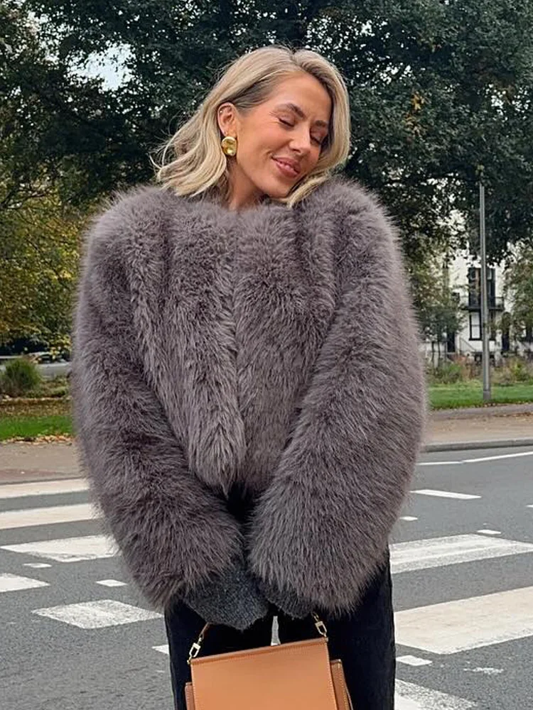 HH TRAF Female Elegant Grey Faux Fur Effect Long Sleeve Cardigan Coat Winter Women's Casual High Street O-Neck Short Coat Mujer