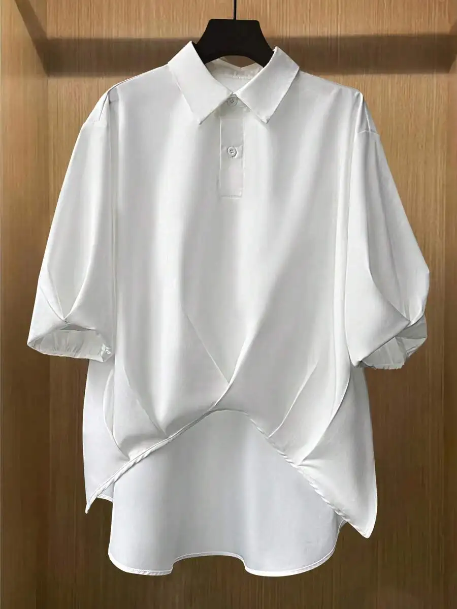 

Plus Size Women Short Sleeve Asymmetrical Fashion Shirt Woven Solid White