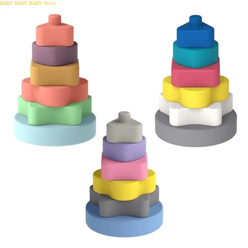 Q81A Tháp Stacking đầy màu sắc Khối đồ chơi Khối học Tumble Jumble Color nhận thức Squeezable Ring Tương tác Quà tặng cảm giác