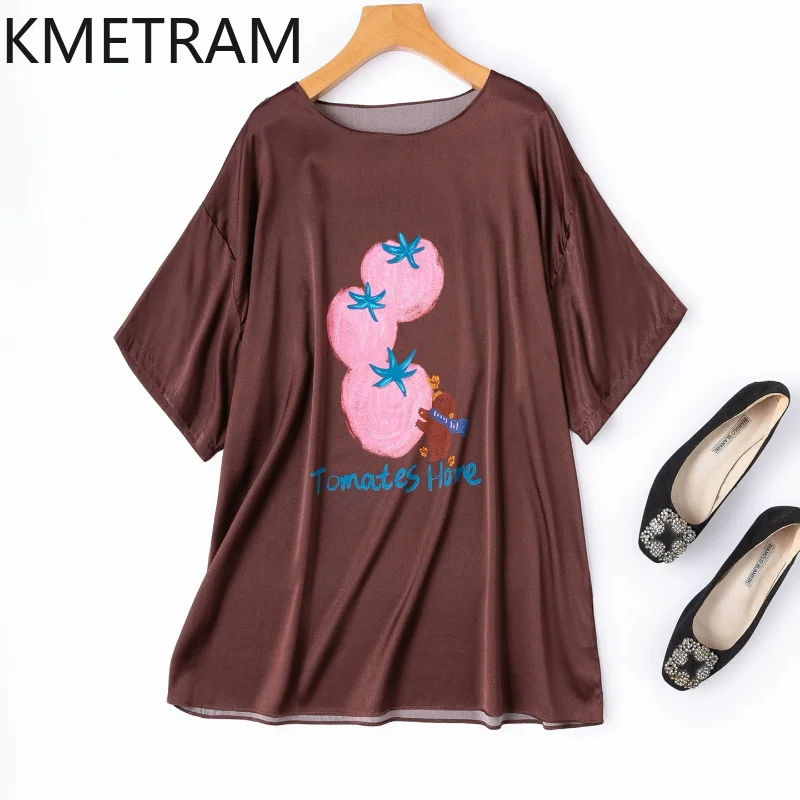 

KMETRAM 20MM 93% Natural Mulberry Silk Women T Shirts O-Neck Printed T Shirt Casual Loose Summer Tops for Woman Clothing 2026 반팔