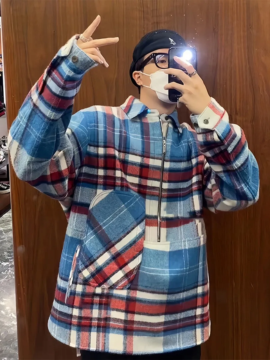 

Мужская шерстяная куртка в американском стиле с клетчатым узором, на молнии, осенне-зимняя, свободного кроя, с длинными рукавами, молодежная, модная, повседневная