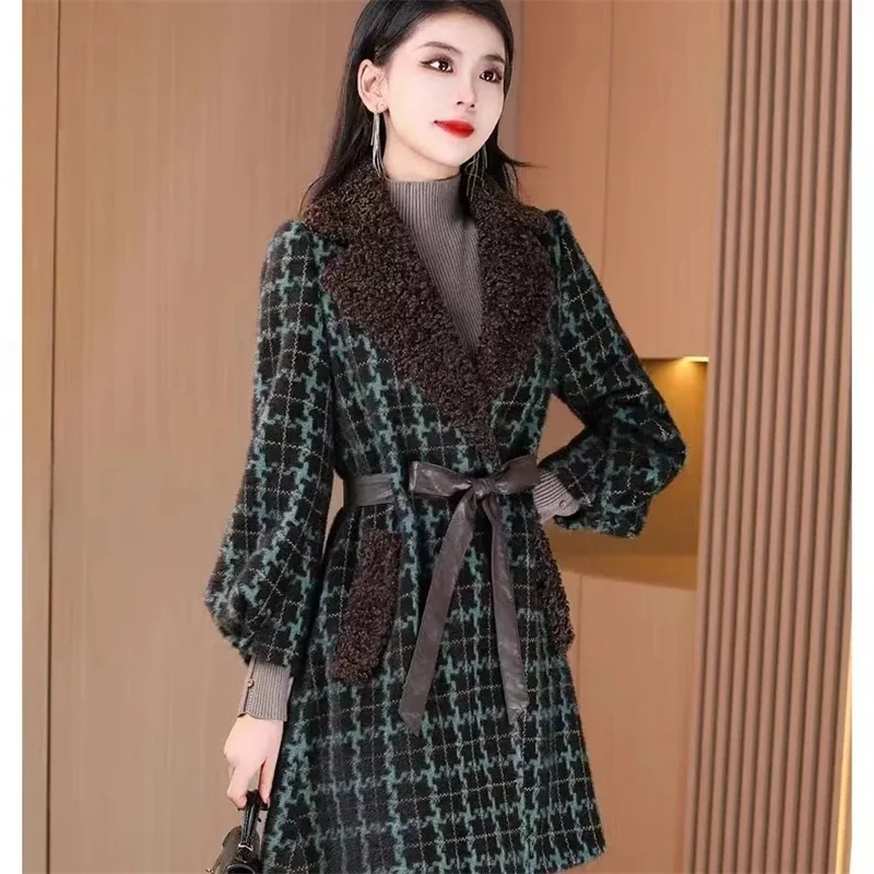 

Korean Female Leisure Plaid Outwear 2025 Women Fashion Large Size 4XL Patchwork Top Coat Autumn Winter Lady Long Sleeves Jacket