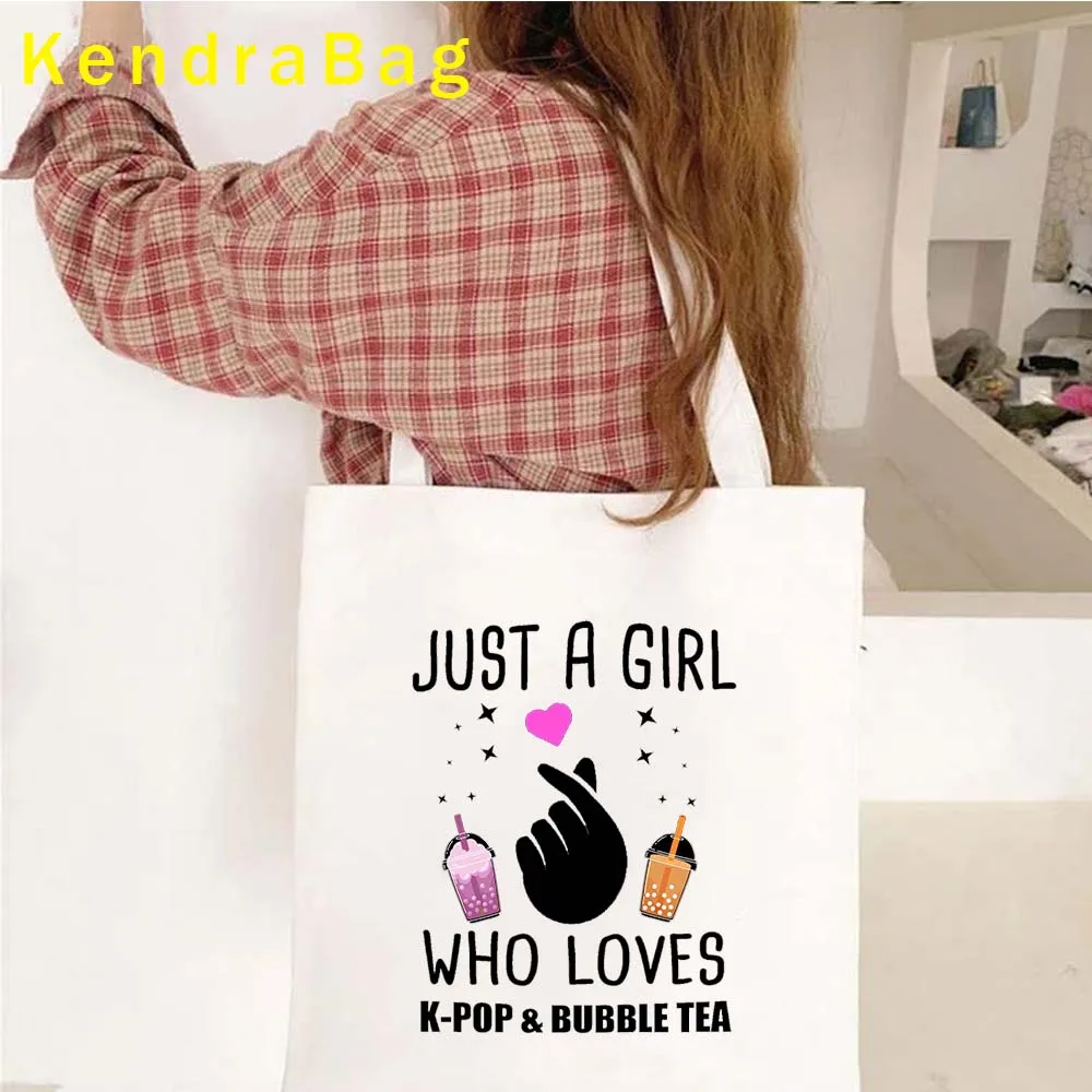 Kdrama Lover Funny Eat Sleep KPop Repeat Finger Heart K Pop Gifts Girl South Korea Anime Canvas Bags Bubble Tea Shopper Handbags