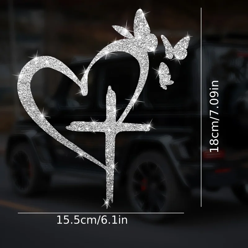1pc Butterfly Love Cross Sticker Sparkling Reflective Car Door Window Body Truck Decal Home Window Glass Laptop