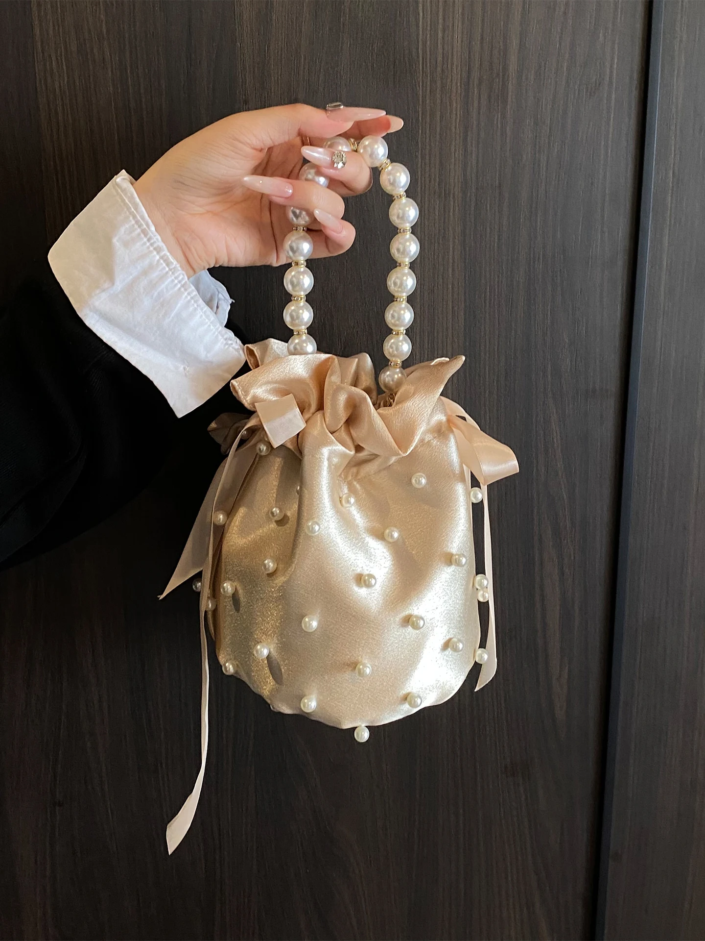 

Casual Chic Pearl Handle Women's Bag Crossbody Bucket Bag Chain Strap Drawstring Soft Fabric Shoulder Bag Trendy Artistic